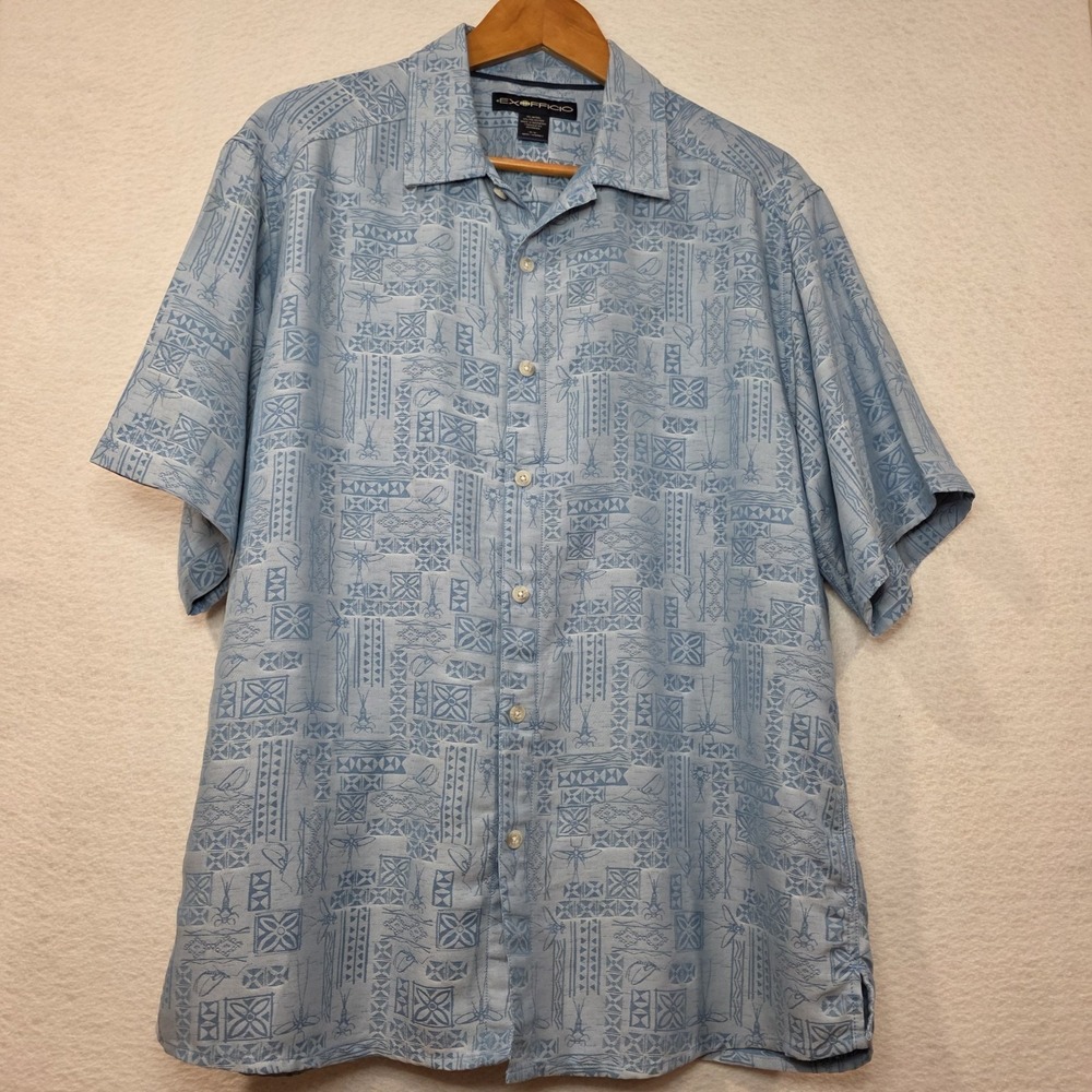 Exofficio Men's M Blue Tribal Pattern Estacado Short Sleeve Shirt Dragonfly